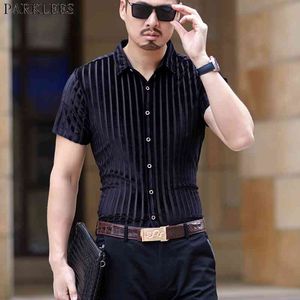 Men's Striped Transparent Shirt Short Sleeve Slim Sexy See Through Clubwear Dress Shirt Men Party Event Lace Sheer Tops Blouse 210522