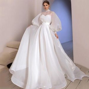 Halter Neck Organza Bröllopsklänningar Puff Sleeve Bride Gownsimple och Clean Wedding Gown Vestido de Novia 2021