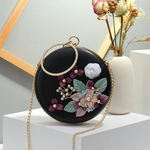 Pequena flor redonda saco de noite mulheres casamento diamante metal punho bolsa pérola luxo pu bolsa de ombro bolsa