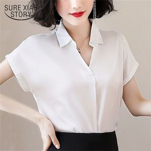 Blusas Mujer De Moda 3XL Artı Boyutu Şifon Bluz Kadın Kısa Kollu Gömlek V Yaka Ofis Bayanlar Tops 4510 50 210506