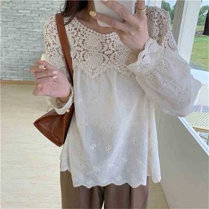 Hollow Out Sweet Loose Chic Gentle Femme Shirts Embroidery All Match Casual Hook Flowers Clothe Tops 210525