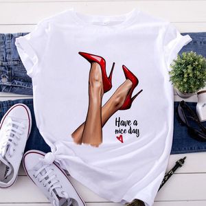 Women's Short Sleeve T-shirt White Tops High Heel Shoes Printed Tshirt 2022 Woman T-shirts Summer Tee Femme Fashion Clothing