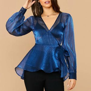 Mulheres azul malha ver através da blusa v pescoço tops manga longa sexy transparente com cinto de cintura camisa de verão elegante blusa 210416