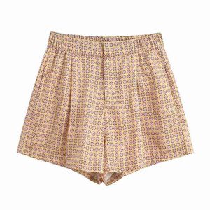 Kvinnor Vintage Floral Geometric Print Shorts Ladies Pocket Casual Slim Shorts Chic Elastic Waist Pantalone Cortos P625 210714