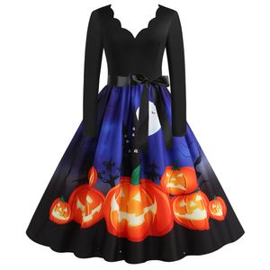 Halloween Casual Vestidos V-Decote Com Longo Longo Casual Slim Fit Abóbora Imprimir Big Swing Dress