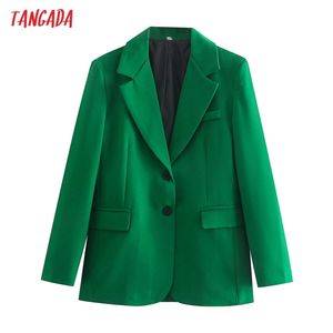 タンガダーの女性の堅い緑のブレザーコートヴィンテージノッチカラーポケットファッション女性カジュアルシックなトップスQD58 211006