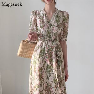Chic Lace-up Floral Dress Mulheres Verão Coreano Sexy Plus Size Print Festa Vestes Casuais MIDI MIDI V-Posto ES 14518 210512