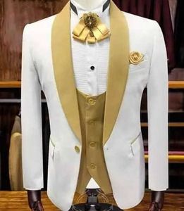 Top Selling White Men's Fashion 3 Pieces Suit With Gold Lapel Wedding Groom Prom Men Blazer Masculino (Jacket+Pants+Vest) X0909