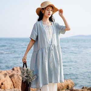 Johnature Kobiety Ramie Koszule Vintage Solid Color Bluzki Stojak Przycisk Krótki Rękaw Summer Casual Kobiety Luźne Koszule Top 210521