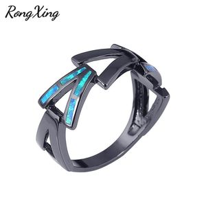 Fedi nuziali RongXing Cute V Design Blue Fire Opal per donna Uomo Black Gold Filled Jewelry Vintage Fashion Bands Ring RB0970