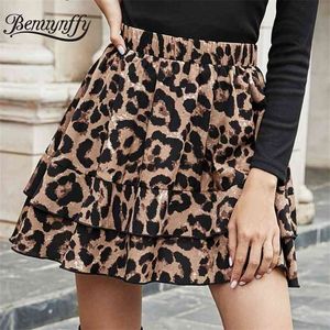 Leopard Print Layered Ruffle Hem Kjolar Kvinnor Sommar Casual Elastisk Hög Midja Över Knee Mini Skirt Kvinna 210510