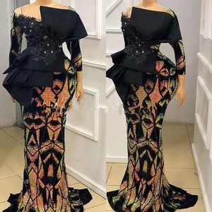 Elegante Aso Ebi Meerjungfrau-Abendkleider mit langen Ärmeln, Pailletten, Meramid, großer Schleife, Ballkleid im südafrikanischen Stil, formelle Kleider in Übergröße