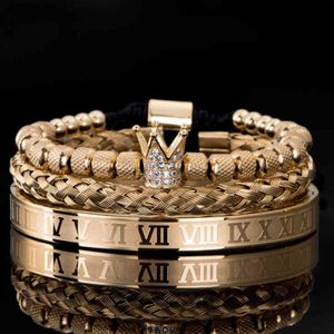 3pcs/set Luxury Micro Pave CZ Crown Roman Royal Charm Men Bracelets Stainless Steel Crystals Bangles Couple Handmade Jewelry Gift H1027