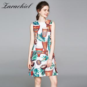 Lato Etniczne Wakacje Kobiety Bez Rękawów Liść Print Casual O-Neck Beach Tank Party Dress Kobieta Loose A-Line Vestidos 210416