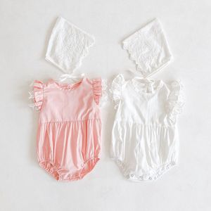 Summer Baby Girls Rompers Clothes Bodysuits Lace Fly Sleeve + Cap Infant Bodysuit 210429