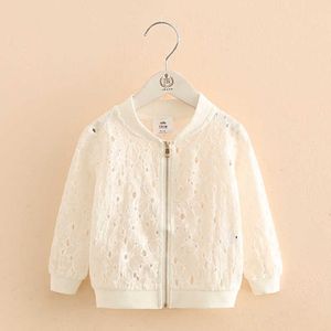 Fashion Spring Autumn 2-12 Years Teenage Long Sleeve Sunscreen White Hollow Out Flower Baseball Jacket For Kids Baby Girls 210529