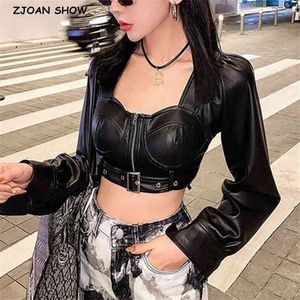 Spring Streetwear Square neck PU Cropped Shirt Women Long Puff Sleeve Slim High Waist Short Faux Leather Blouse Tops 210429