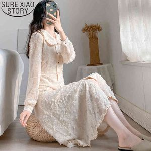 Kadın Bebek Yaka Tek Göğüslü Düğme Bahar Fransız Vintage Tatlı Elbise Yüksek Bel Vestido Feminino 12914 210417