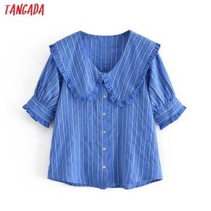 Tangada Women Retro Blue Striped Print Oversize Collar Shirt Short Sleeve Chic Female Short Blouse Shirt Tops 3H237 210609