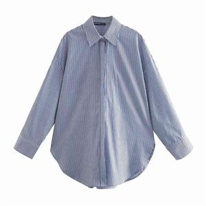 Streetwear kvinnor blå randig skjortor mode damer bomull lösa toppar kausal kvinnlig chic vända ner krage blouses 210527