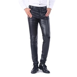 Idopy Men`s Business Slim Fit Five Pockets Stretchy Comfy Black Solid Faux Leather Pants Jeans Trousers For Male 210715
