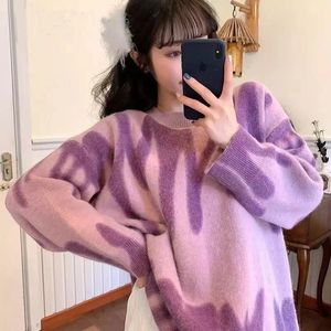 Moda paski Swetry Damskie Oversized Y2K Zimowe Dzianiny Ciepłe Pulowers Kobiet Długie Bluzy Streetwear Luźna Odzież 1021