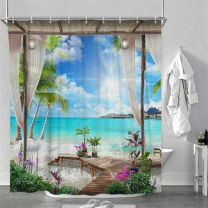 3Dサニービーチプリントシャワーカーテンセットシー風景バススクリーン防水バスルームカーテンノンスリップバスマットペデスタルラグ210609