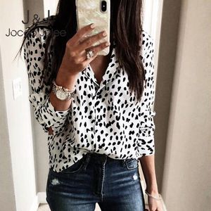 Jocoo Jolee Vintage Leopard Blouse Långärmad V Neck T-shirts Elegant Office Lady Party Tops Streetwear Plus Size Blusas 210518