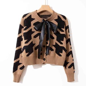 Kvinnor Houndtooth Sweater Knitted Långärmad Khaki Beige Cardigans O-Neck Bow M0472 210514