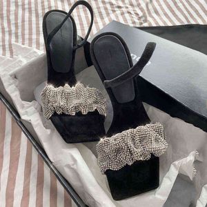 Çizgili Kama Topuk Ayakkabıları toptan satış-Elbise Ayakkabıları Yüksek Topuklu Yang Mi nin Aynı Kral Yaz Yüksek Topuklu Sandaletler Bayanların Tek Hatlı Kemer Kare Kafa Açık Burnu İnce Topuk