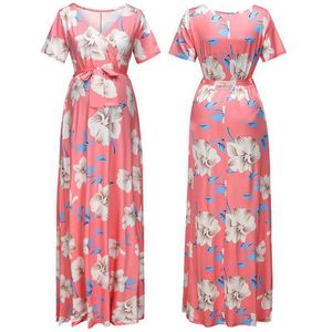 Damen Langer Rock Retro Blumenkleid Rose bedruckt V-Ausschnitt Bohemian Robe Mode trendiges Kleid für schwangere Frauen PW32