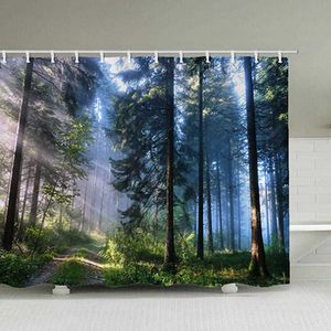 Green Forest Nordic Style Shower Curtains Set With Hooks Waterproof Green Natural Landscape Home Decoration Bathroom Curtain 210609