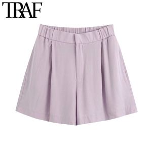 Frauen Chic Mode Lose Sitz Shorts Vintage Hohe Elastische Taille Zipper Fliegen Weibliche Kurze Hosen Pantalones Cortos 210507