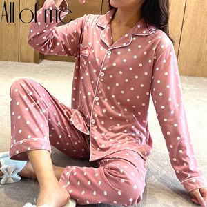 Pijama Set Kadınlar Homewear Nokta Pattren Uzun Kollu Pembe Mavi Pijamas Setleri Yumuşak Pijama Kadın Lingerie Pijama Kızlar Için Saat Q0706