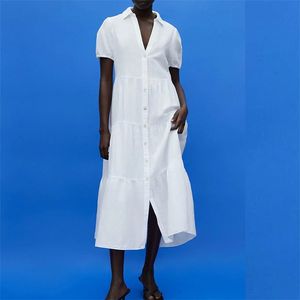 Women Summer Casual Shirts Dress ZA Short Sleeve V-Neck White Female Vintage Elegant Poplin Dresses Clothes Vestidos 210513