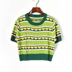 Sommar fräsch träff färg kärlek grön gröda pullovers mode elegant all-match tunna tröjor temperament kontor lady knit toppar 210525
