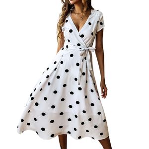 Vintage Polka Dots Midi A-Line Dress Women Clothes Sexy V-Neck Vacation Beach Summer Dresses Short Sleeve Sashes Sundress