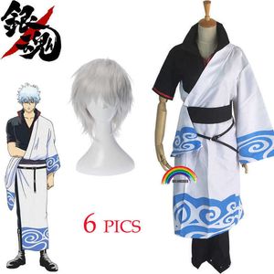 Anime gintama cosplay kostymer sakata gintoki cosplay kostym kimono halloween karneval party silver soul cosplay kostym peruker y0903