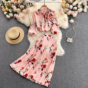 Kimutomo Vintage Elegante Mode Sets Frauen Drucken Schleife Spitze Up Langarm Bluse + Hohe Taille Plissee Rock 2 Stück 210521