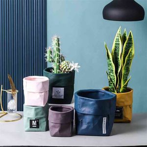 Kraft Paper Bag Shape Ceramic Flower & Plant Pot Nordic Industrial Style Colorful Succulent Planter With Hole 210922