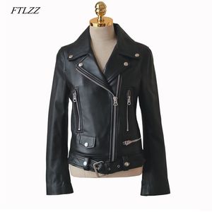 FTLZZ Autumn Women Pu Leather Jacket Woman Zipper Belt Short Coat Female Faux Leather Black Motorcycle Outwear Biker Jacket 211007