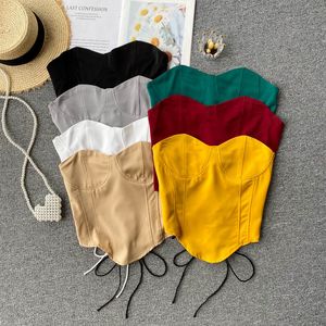 Singreiny Kvinnor Sexiga Stropplösa Korta Toppar Design Drawstring Baklösa Slim Blus Sommar Ärmlös Off Shoulder Beach Blouses 210419