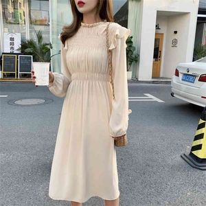 Frühling Koreanische Frauen Französisch Schlank Langarm Elastische Taille Einfache Feste A-Linie Kleid Elegante Weibliche Vestidos 210416