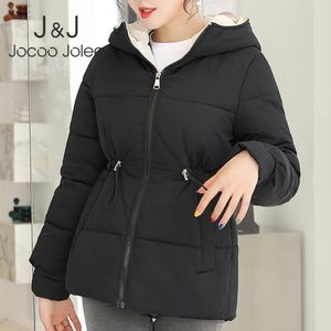 Jocoo Jolee Women Winter Solid Harajuku Jackets Causal Hooded Warm Coats Short Cotton-padded Outwear Drawstring Waist Slim Coats 210518