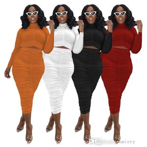 Women Pleated Long Sleeve Skirt Set Solid Colors High Elastic Streetwear Two Piece Suits Autumn And Winter Clothing