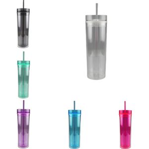 6 färger 22oz klar akryl skinny tumblers med lock halm i samma färg dubbel vägg plast transparent vattenflaska anpassade återanvändbara kontor kaffe muggar dricka kopp