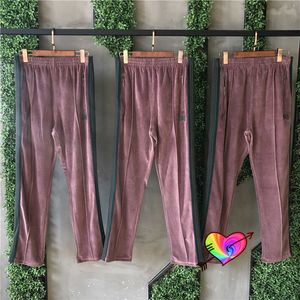 Grape Purple Needles Pants Men Women High Quality Velvet Butterfly Embroidered AWGE NEEDLES Pants High Street Trousers X0628