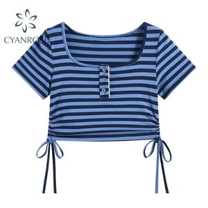 Blå Striped Skinny Crop T Shirt Kvinnor Sommar Kortärmad Dragkropp Lace Up Retro Tees Kvinnlig Square Collar Egirl Y2K Top 210515