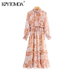 Старинные стильные цветочные принты Ruffled MIDI платье женщины мода с длинным рукавом эластичные талии офис одежды женские платья Vestidos 210416