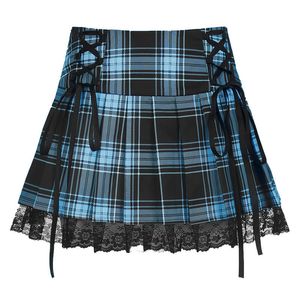 Feminino Cintura Alta Goth Saias Sexy Casual Kawaii Harajuku Vestuário Mini Xadrez Babados Saia Curta Plissada Linha A Streetwear Preto Azul Rosa